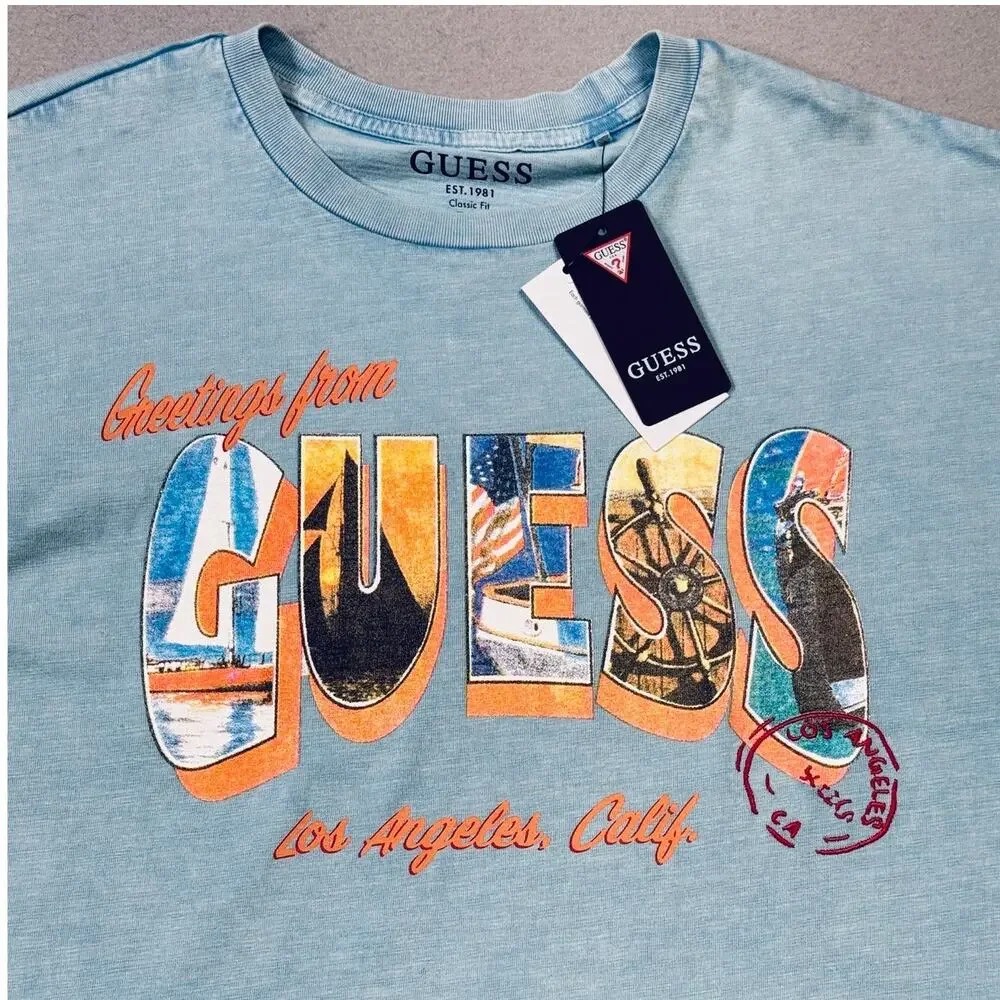Guess Front Logo graphic print T-Shirt, blue Medium $49 - Picture 4 of 8